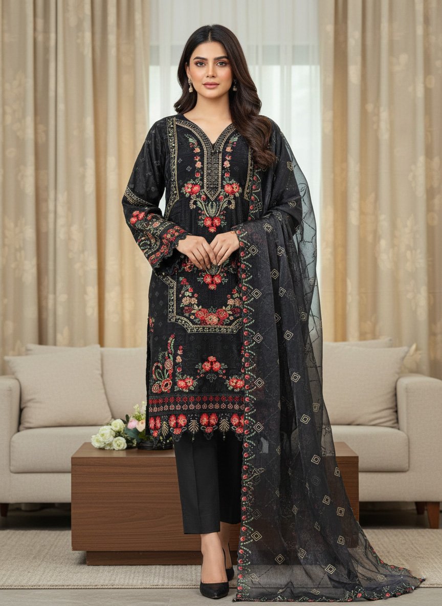 Premium Embroidered Jimmy Chu Georgette 4-Piece Set AR-555-BK