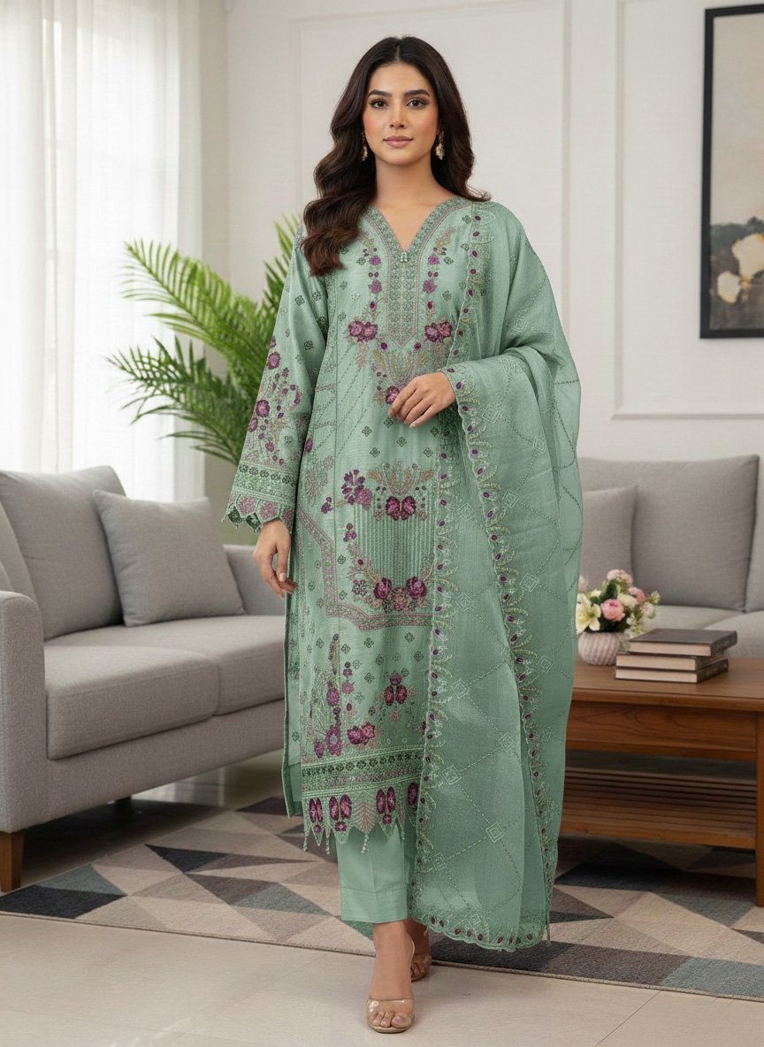 Premium Embroidered Jimmy Chu Georgette 4-Piece Set-AR-555 LMN