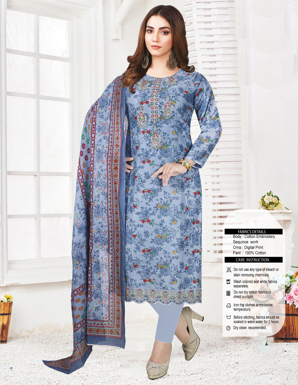 Multi Color Embroidery Design Cotton Three Piece-CD-603