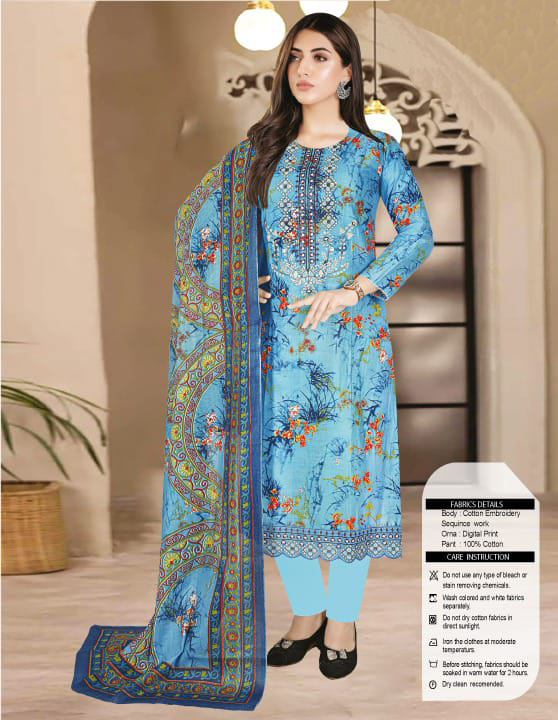 Multi Color Embroidery Design Cotton Three Piece-CD-612