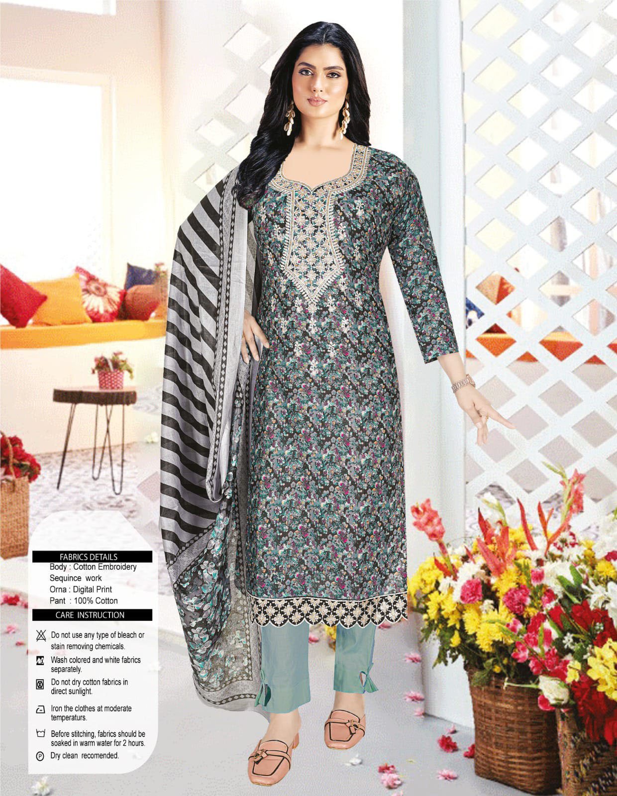 Multi Color Embroidery Design Cotton Three Piece-CD-617
