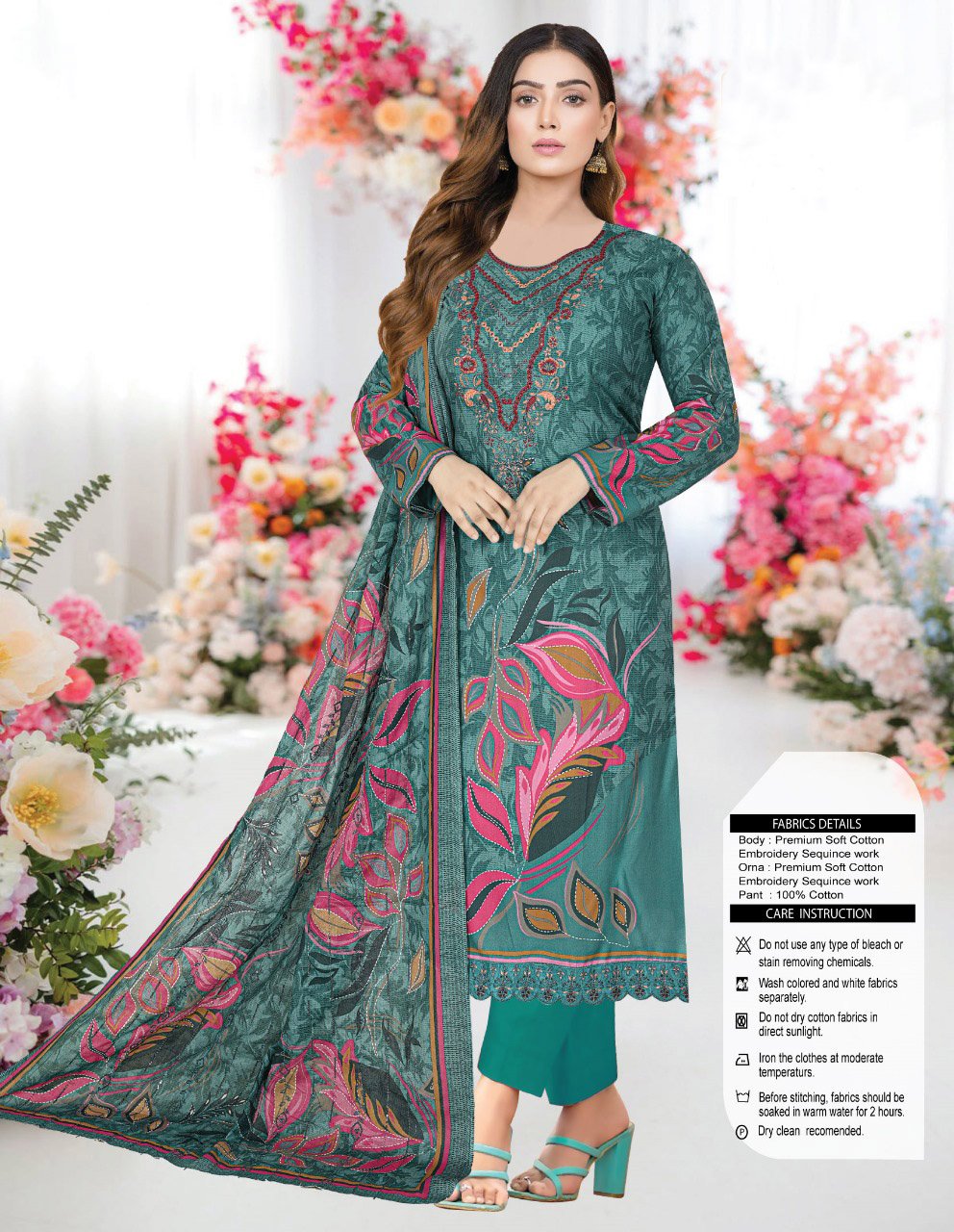 Multi Color Embroidery Design Cotton Three Piece-CD-914