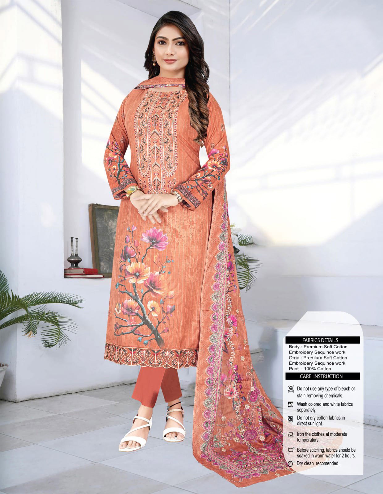 Multi Color Embroidery Design Cotton Three Piece-CD-918